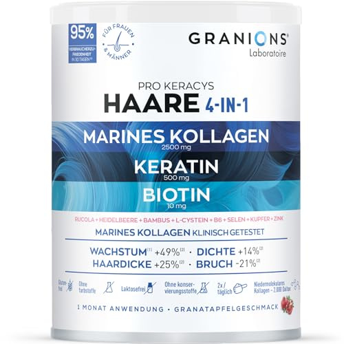 Kollagen Pulver Haare - Biotin Zink Selen Vitamin C - 300g - Pro Keracys | Kollagenpulver Für Haare, Haut Und Nägel - Hochdosiert Mit Biotin, Zink, Selen, Vitamin C & Keratin - GRANIONS