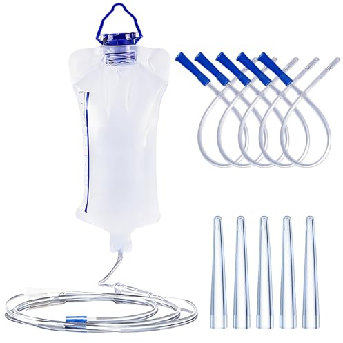 Kit Lavement Intestinal et la Défécation, Lavement Colon et Intestins, Poche D'irrigation Réutilisable de 1,2 Litre + 5 Embouts de 10 cm + 5 Embouts 25 cm