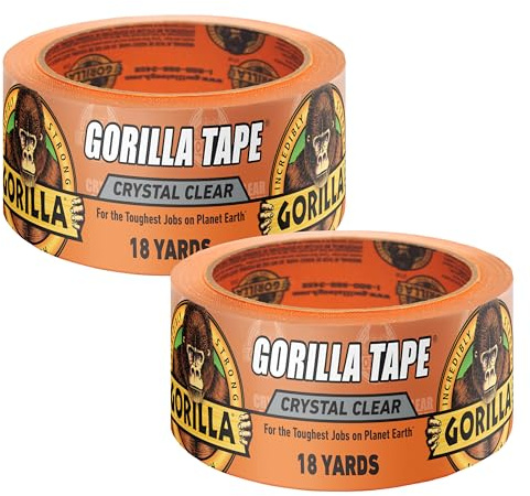 Gorilla Crystal Clear Tape, 1.88” x 18 yd (Pack of 2) - Weather Resistant for Indoor or Outdoor Projects and Repairs