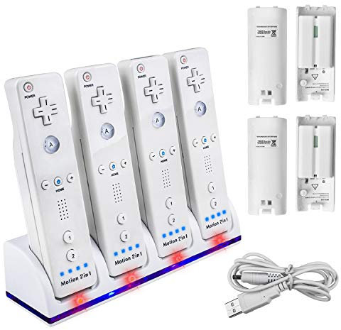 TechKen Charging Docking Station for Wii Controller, Remote Charger 4 Dock Stand Cable Adapter with 4 Rechargeable Batteries