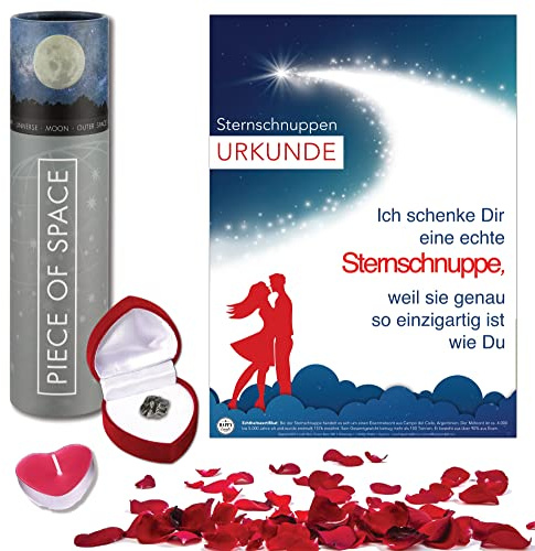 happylandgifts® Romantik Set Geschenk | Sternschnuppe mit personalisierbarer Urkunde | edle Urkundenrolle | echter Meteorit in roter Herzbox | Teelicht | Rosenblätter | Valentinstag für sie und ihn