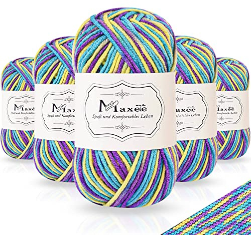 Maxee Handstrickgarn, 5x50 g Häkelgarn, Bunt Farbverlauf Acrylgarn zum Stricken, Weicher Wolle zum Häkeln, Mehrfarbiges Garn zum Stricken Häkeln und Basteln