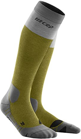 CEP - HIKING LIGHT MERINO SOCKS REDESIGN für Herren | Lange Wandersocken mit aktivierender Kompression | Trekkingsocken für leichte Beine in Olive/Grau | Größe III |M