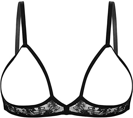 iiniim Sujetador Encaje sin Aros Mujer Sexy Sujetador Pecho Abierto Lencería Picardías Erótica Transparente Lace Bra Bralette con Huecos Volantes Negro B XL
