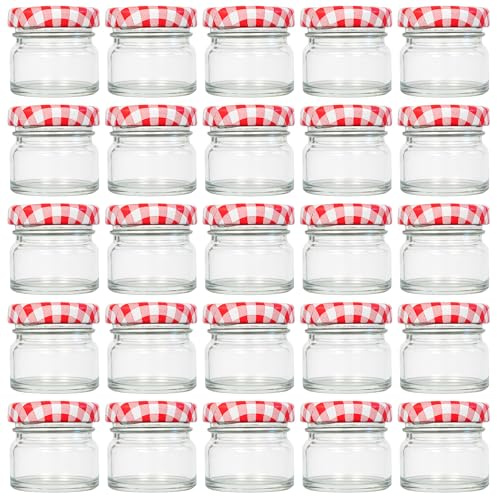 Vitrea 25x Mini Marmeladengläser 30 ml - mit Deckel Rot Kariert TO 43 - kleine Einmachgläser zum befüllen mit Schraubdeckel - Schraubgläser - leere Gläser für Marmelade - 25 Stück