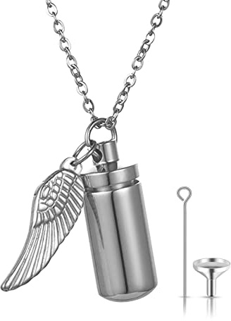 JewelryWe Urna halsband, öppningsbar kapselhållare vattentät pillerhänge med fyllningssats, ängelvinge hänge, personligt halsband, Rostfritt stål, Ingen ädelsten