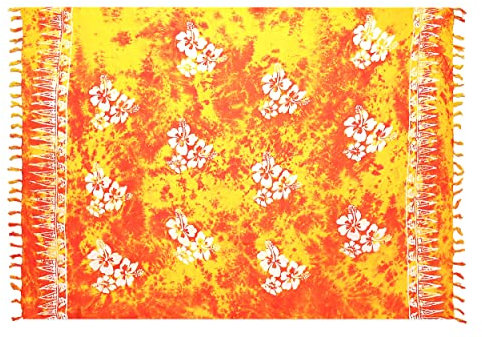 SAIVONA Pareo Sarong Strandtuch Damen - Wickelrock Strand - Handtuch Blickdicht als Wickeltuch oder Handtuchkleid und Wickelkleid Damen - Handarbeit aus Fair Trade Herstellung Batik Gelb Orange Blume