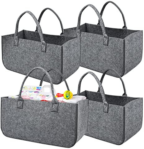 Yznahre Filztaschen, 4 Stücke Faltbar Filztasche Kaminholz Kaminholztasche Filz, Filzkorb Filztaschen Shopper Groß mit Verstärkten Griffen für kaminholz Holz Zeitungen - Hellgrau (TYP A)