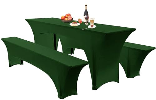Elastische Hussen Für Bierzeltgarnitur Biertischhussen Bierbank-Auflage & Tischdecke 50 cm Oder 70 cm Tischbreite, 3 TLG Set Stretch Hussen Für Festzeltgarnituren Bierbank (50cm,Forest Green)