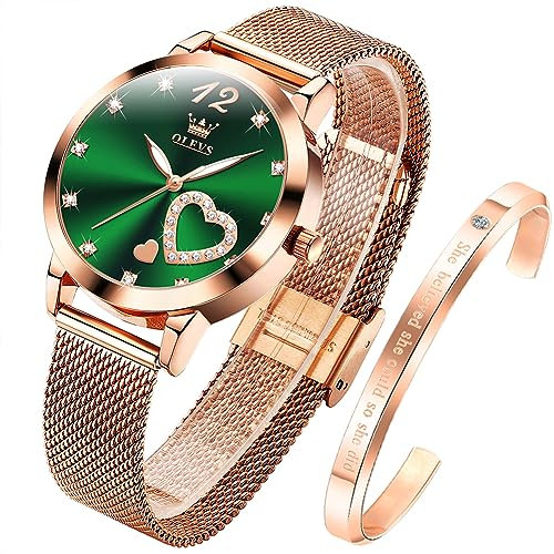 OLEVS Damenuhr Roségold mit Herz Diamant Grün Gesicht Quarz Armbanduhr Wasserdicht Gürtel Armreif Set