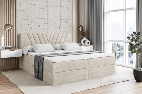 ALTDECOR Boxspringbett mit Matratze und Lattenrost, Boxbett, Topper, Polsterbett mit Bettkasten, Bett mit Stauraum H3-Matratze, Doppelbett, Springboxbett - ERNINA - 160x200 Beige Samt