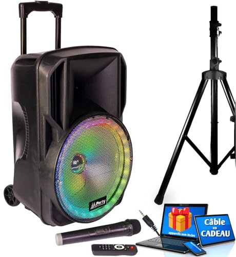 Enceinte Mobile Active Party à LEDs RVB USB/BT/SD/FM 800W 15/38cm + Pied + Câble PC ORDI Smartphone, Soirée Fête Anniversaire