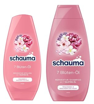 Schauma Schwarzkopf Reparatur-Shampoo 7 Blüten-Öl (1x 400 ml) glättet, Repair Shampoo für trockenes & erschöpftes Haar & Spülung (1x 250 ml) Pflegespülung verleiht strahlenden Glanz