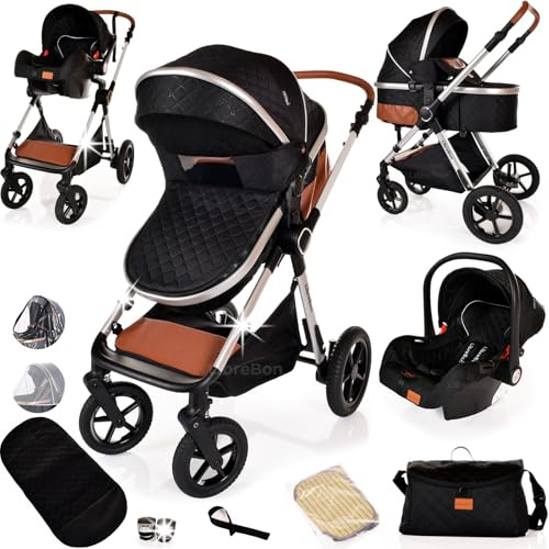 Baby Pram Pushchair Buggy with Car Seat Lightweight Stroller Folding Strollers 3 in1 Travel System Baby Trolley Pram for Newborns Toddlers from Birth (Black - Silver Frame)