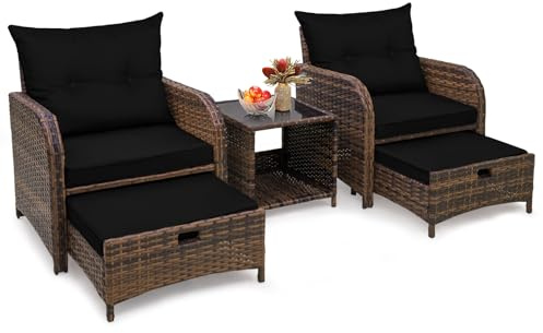 FYRICKYLINOO 5 Pieces Wicker Outdoor Patio Chairs Set with Ottoman Patio Conversation Furniture Set with Ottoman Underneath All Weather Brown PE Rattan Balcony Furniture Set & End Table, Black Cushion