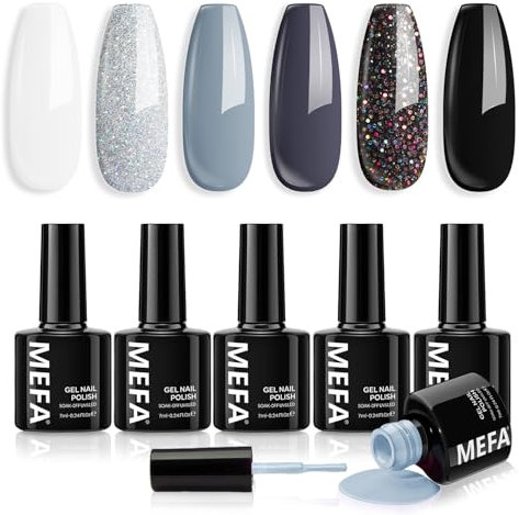 MEFA Gel Nail Polish Set, 6 Colors White Black Grey Glitter Gel Polish Set Soak Off for Salon Home DIY for Women