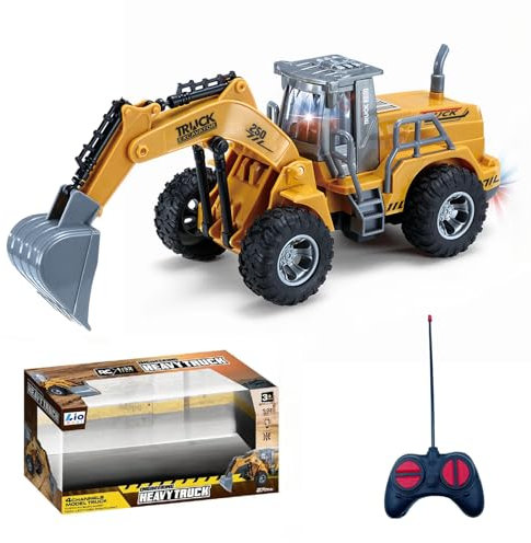 LioMaxi 4 Canale 1:32 escavatore telecomandato giocattolo,con luci lampeggianti,telecomando senza fili,Trattore Digger Giocattoli per bambini,per Regali Per Bambini Dai 3 4 5 6 7 Anni