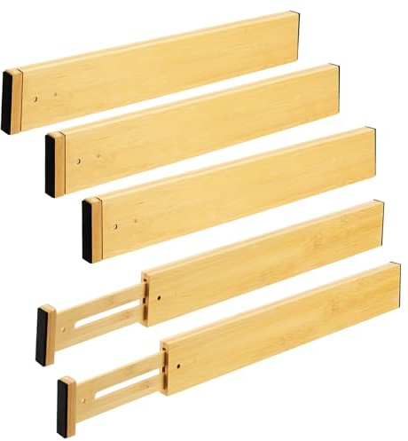 HEIYUET 5er Set Schubladentrenner Verstellbar Holz, Schubladenteiler Bambus Küche Schubladen Ordnungssystem, 43-56cm ausziehbare Schubladen Organizer für Küche Badezimmer Büro Schlafzimmer Kommode