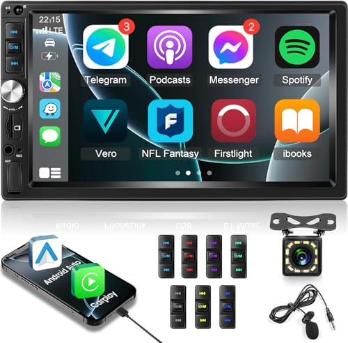 NHOPEEW 2Din Autoradio mit Wired Carplay & Android Auto - 7 Zoll Touchscreen 2din Radio Unterstützung Mirror Link FM EQ 5.1Bluetooth 7 Farbige Hintergrundbeleuchtung + 12LED Rückfahrkamera