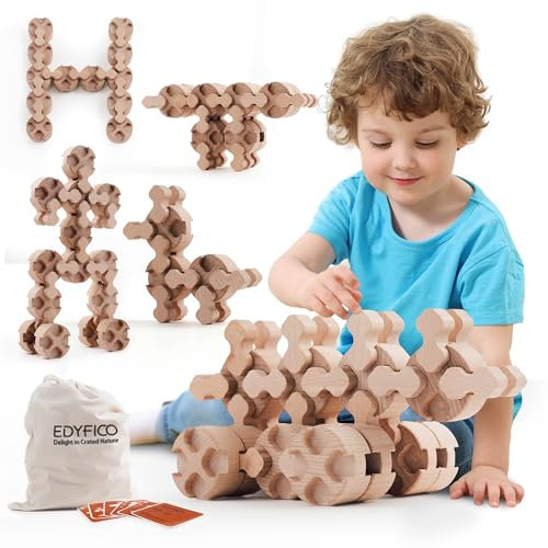 Edyfico THS101 Bausteine, Premium Holzbausteine Montessori Spielzeug für Kinder ab 3, Kreative Lernspielzeug Kinderspielzeug mit Storage Bag & Eltern-Kind Karten, Geschenk für Vorschul mädchen Junge