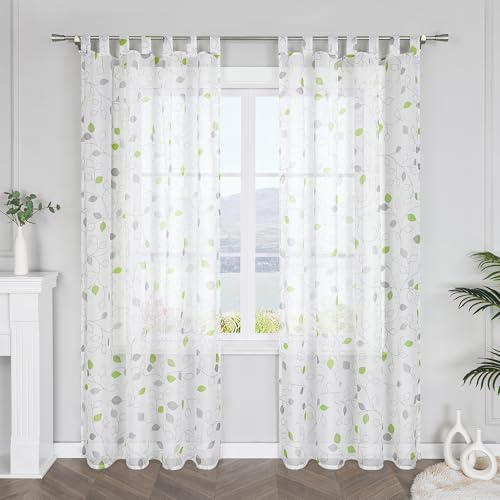 SCHOAL Gardinenschal mit Schlaufen Transparent Vorhang Voile Gardine mit Blätter Modern Dekoschal Schlaufenschal für Fenster 1 Stück BxH 140x225cm Grün