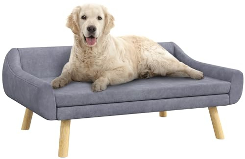 PawHut Divano per cane gatto design scandinavo cuscino morbido rimovibile tessuto effetto velluto piedi legno massiccio 102 x 58,5 x 42,5 cm, grigio