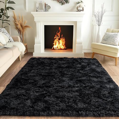 BSGIFT Teppich Schwarz 120x160 Flauschiger Hochflor Teppich Wohnzimmer, Modern Shaggy Langflor Wohnzimmerteppich Bettvorleger High-Pile Carpet rutschfest für Schlafzimmer Kinderzimmer