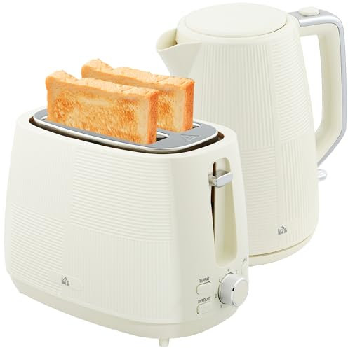 HOMCOM Juego de Tostador y Hervidor 2200W Hervidor de Agua Eléctrico de Acero Inoxidable 1,7L Tostadora Pan Ranura Ancha para 2 Rebanadas 3 Funciones Crema