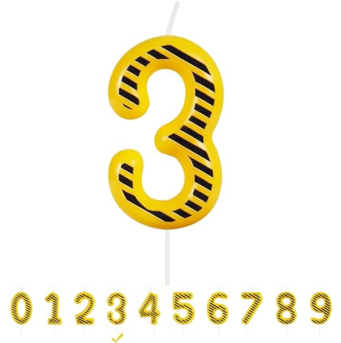 Cantiere edile Candele di Compleanno Numero 3,Veicoli di ingegneria candela compleanno,Decorazione per torta di compleanno,Veicoli Tema Candeline Compleanno per Ragazzi e Ragazze (Giallo Nero, 3)
