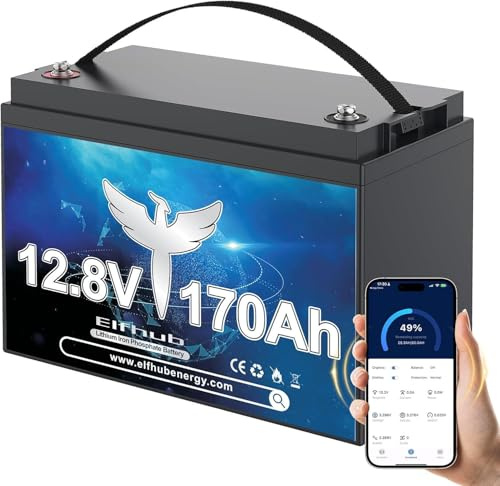 Elfhub LiFePO4 12,8 V 170 Ah bilbatteri 150 A BMS över 15 000 gånger djupcykel litiumbatteri 2176 W avstängningsskydd vid låg temperatur för husbil, camping, båt, solsystem hemma