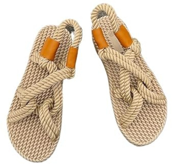 AMENGJ Pantoufles en Paille Sandales en Corde for Femmes, Sandales tissées rétro, Pantoufles de Plage for Dames, Chaussures en Paille Faites à la Main(Beige,43)