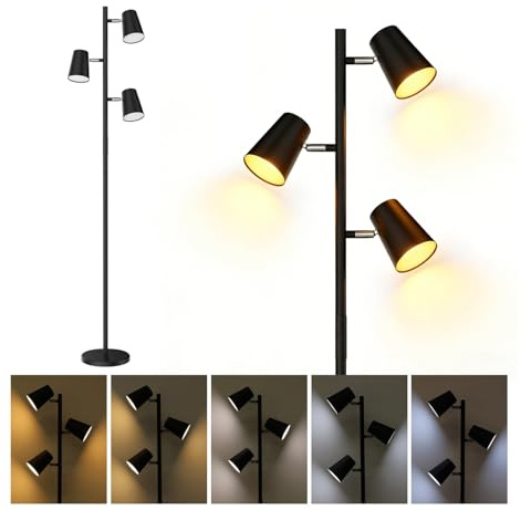 Energetic Dimmable Floor Lamp, Modern LED Tree Lamp, 5 Color Temperature, Standing Light with 3 Adjustable Head for Bedroom, Living Room, Office, ETL, 120V, Black, 1 Pack