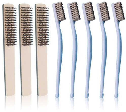 Juego de 8 cepillos de alambre de acero inoxidable, 5 cepillos de limpieza de alambre pequeños y 3 cepillos de mango de madera, cepillos de metal para eliminación de óxido para limpieza resistente
