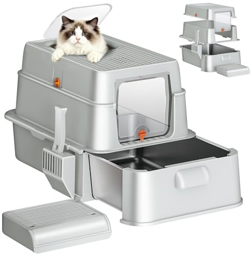 Fobyfurny Arenero Acero Inoxidable Gatos con Cajón, 65x44x40cm, Gris Claro