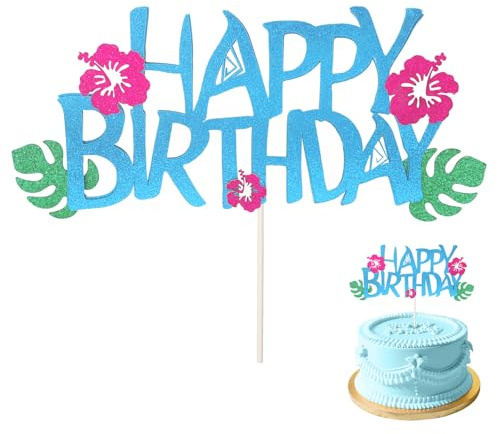 Hawaiian Happy Birthday Cake Toppers, Hawaiian Tropical Luau Summer Beach Cupcake Party Decorations Favors Supplies for Birthday Party Baby Shower Decor