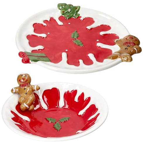 MamboCat 2tlg Set Weihnachtsstern I Gebäckteller & Gebäckschale 400ml aus Steingut I Weiß-Rot mit Lebkuchenfigur & Stechpalmen-Dekor I Weihnachten, Nikolaus & Advent
