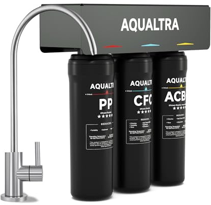 AQUALTRA USF-3F-10 Sistema bajo fregadero ligeramente alcalino con grifo, 30000–121000L, reduce PFOA, PFOS, cloro, plomo, mercurio, cloramina, fluoruro, microplásticos, mal sabor y olor