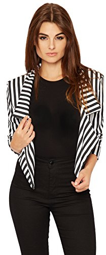 WearAll Women's Striped Cropped Short Blazer Ladies Long Sleeve Print Open New - Black White - 8-10
