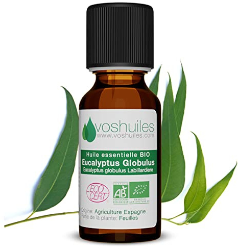 VOSHUILES - Huile Essentielle BIO d'Eucalyptus Globulus - 20ml - 100% Pure et Naturelle - Parfum Frais et Camphré - Usage Culinaire et Diffusion - Bio Certifiée