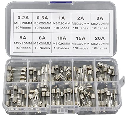 CNLW 100 Pcs 5x20mm Glass Tube Fuse Fast Glow Tube Fuse Assortment Kit 0.2A-20A in a Box