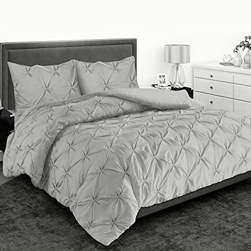 MH Home Pintuck Double Duvet Cover Set - 200 Thread Count 100% Egyptian Cotton Pinch Pleated Quilt Bedding Covers Set (Silver, Double)