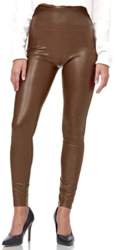 Gloop Damleggings med hög midja byxor strumpbyxor treggins leggings läder utseende höfthöga, Brun hög midja, S (Smal)