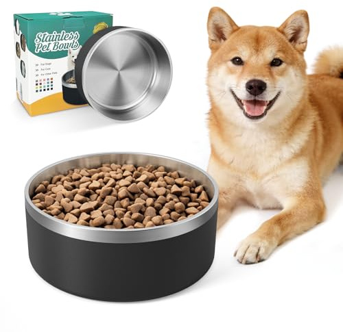 Dog Bowl for Food and Water, 40 oz Stainless Steel Pet Feeding Bowl, Black