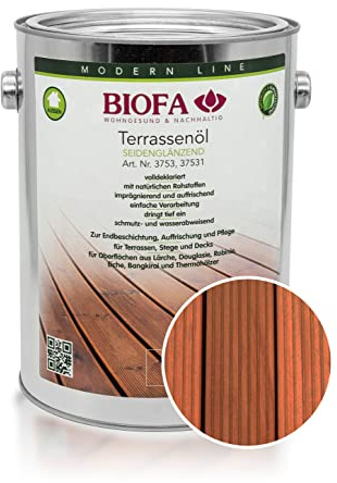 BIOFA Terrassenöl farbig 37531 Pflegeöl für Holzterrassen und Terrassen-Dielen aus Holz – Öl aus natürlichen Rohstoffen - Außenbereich (2,5L, Bangkirai)