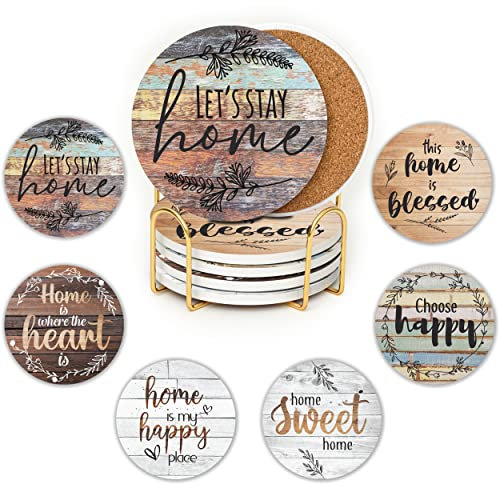 JJ PRIME - Juego de 6 Posavasos de cerámica | Posavasos Absorbentes con Soporte | Posavasos para Bebidas con Base de Corcho, Posavasos de Vidrio Antideslizantes y antiarañazos (Casa)