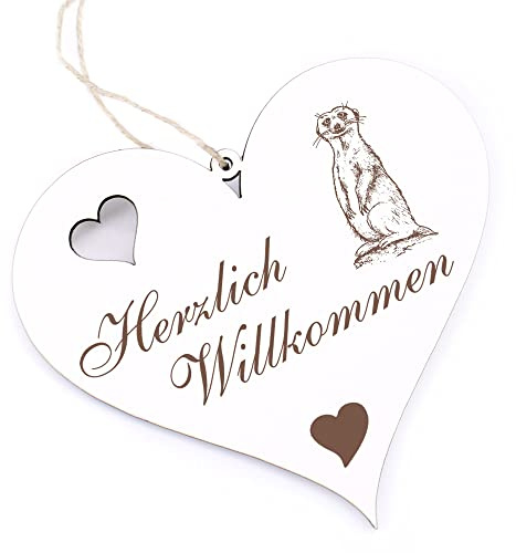 Herzlich Willkommen Schild - stehendes Erdmännchen - Deko Herz Holz Willkommensschild Türschild Dekoschild Türdeko