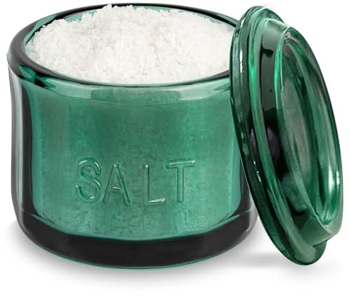 KooK Glass Salt Cellar, with Lid, Embossed Pressed Glass, Clear Storage Container, for Coffee, Sugar, Spices and Candies, 10 oz (Emerald Green)
