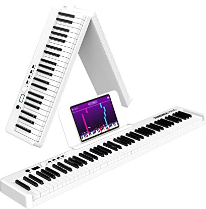 TERENCE Pliable Piano Numérique avec 88 Touches semi-lestées et Batterie de 1800mAh et interface USB MIDI support de partitions Bluetooth Sacs pour Clavier Câble audio Casque Pédale de sustain Blanc