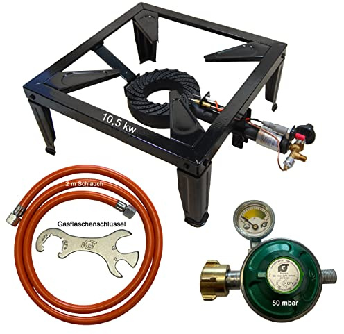 Tevex Hockerkocher Gas 10,5 kW - Gaskocher mit Gussfüßen, 4 mm Stahlgestell, Manometer, 2 m Schlauch & Gasflaschenschlüssel