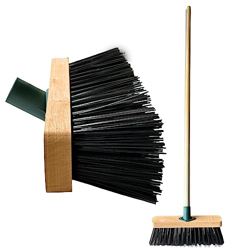 12” Broom Outdoor Yard Broom Sweeping Brush Strong PVC Bristles with Wooden Handle Garden Brooms for Cleaning Patio Yards Driveways Warehouse and Garage (BLACK)